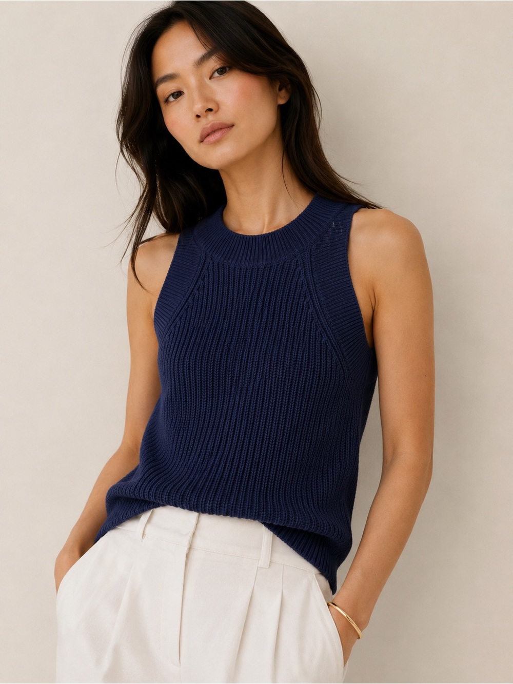 525 America 100% Cotton Rib Knit Halter Tank | Navy | XS | NWT